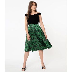 NWT!! Unique Vintage: Green Velvet & Black Floral High Waist Vivien Swing Skirt